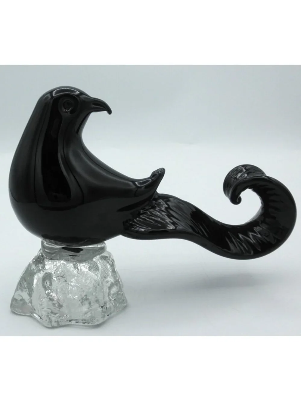 Art Glass Pheasant Figurine Black Glass Clear Base Vintage Heisey? Stunning!
